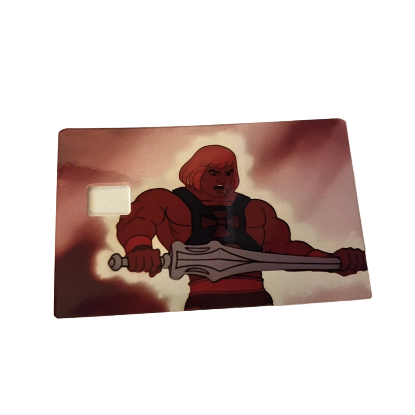 Card with a red superhero holding a sword on a white background