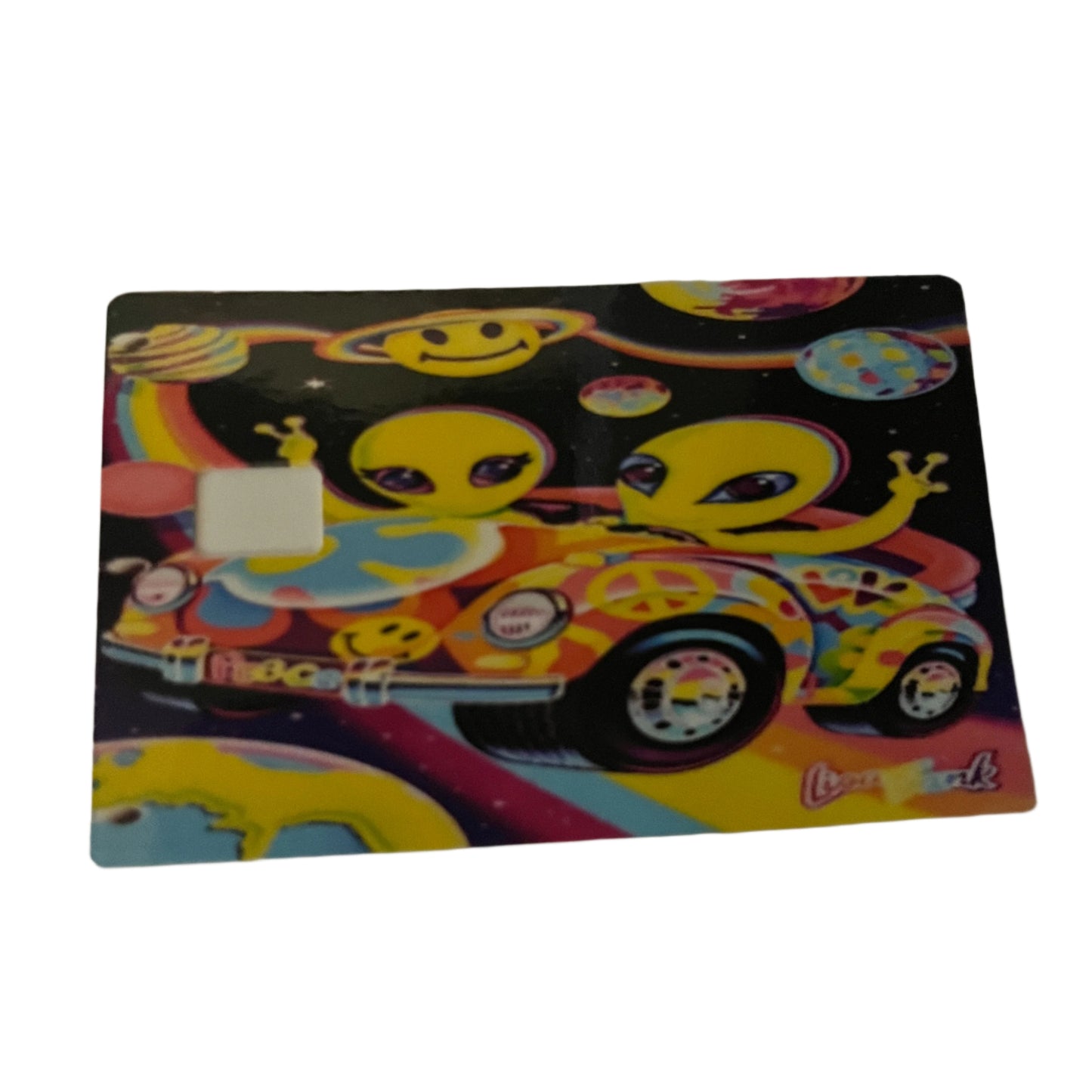 Colorful card with cartoon characters and a car design
