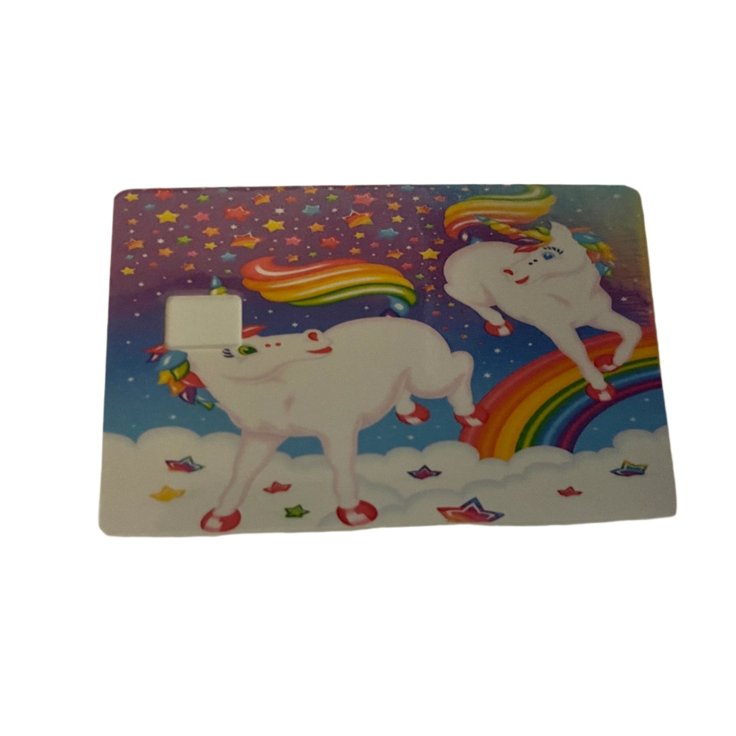 Colorful card with cartoon unicorns and rainbows