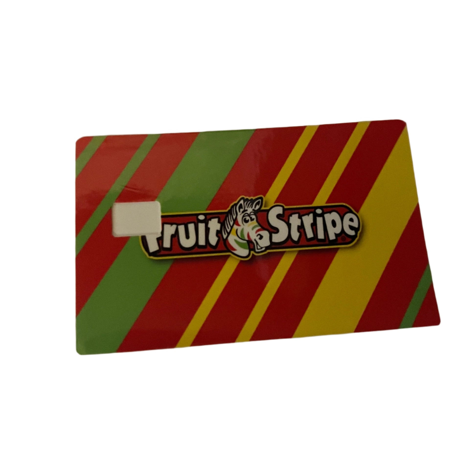 Colorful striped card with 'Fruit Stripe' logo 