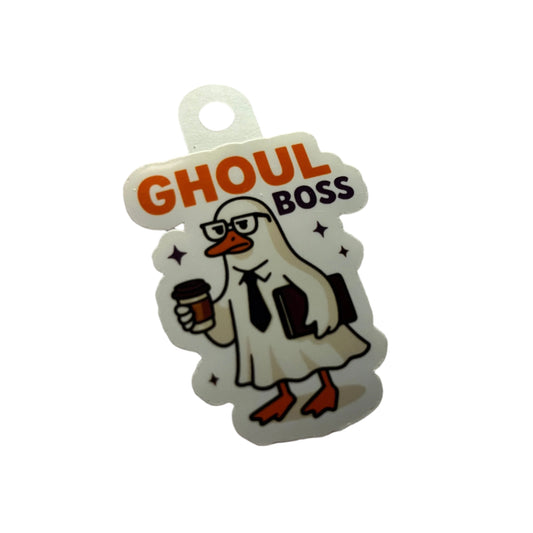 Sticker with 'Ghoul Boss' design on a gray surface